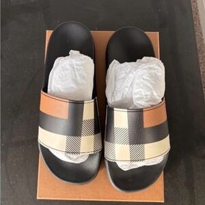 Burberry Black and Tan Check Slide Sandals